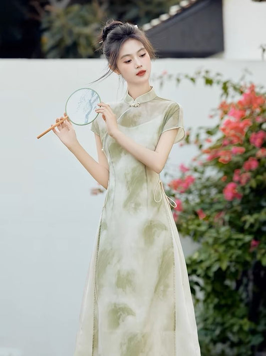 Set: Short-Sleeve Tie Dye Side-Slit Maxi Qipao + Spaghetti Strap Plain Slip Dress