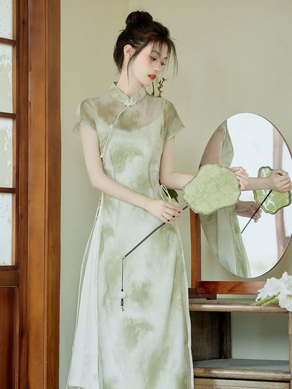 Set: Short-Sleeve Tie Dye Side-Slit Maxi Qipao + Spaghetti Strap Plain Slip Dress