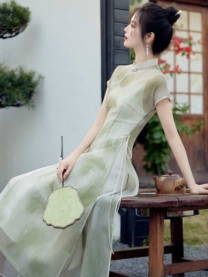 Set: Short-Sleeve Tie Dye Side-Slit Maxi Qipao + Spaghetti Strap Plain Slip Dress