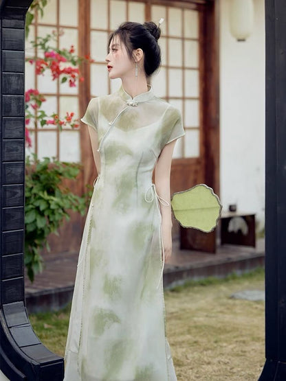 Set: Short-Sleeve Tie Dye Side-Slit Maxi Qipao + Spaghetti Strap Plain Slip Dress