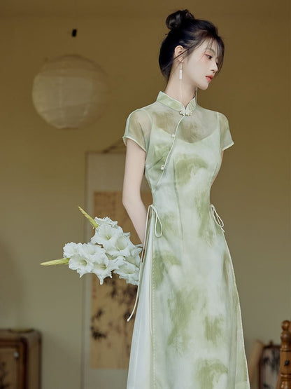 Set: Short-Sleeve Tie Dye Side-Slit Maxi Qipao + Spaghetti Strap Plain Slip Dress