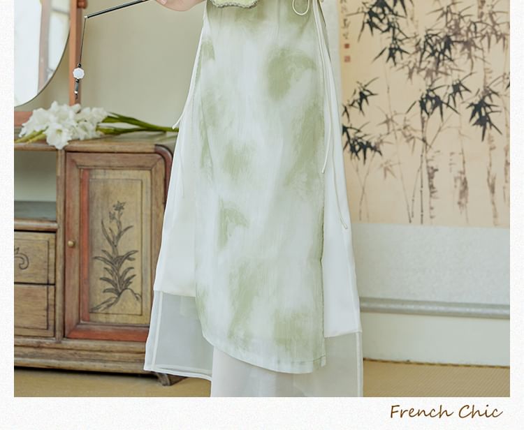 Set: Short-Sleeve Tie Dye Side-Slit Maxi Qipao + Spaghetti Strap Plain Slip Dress