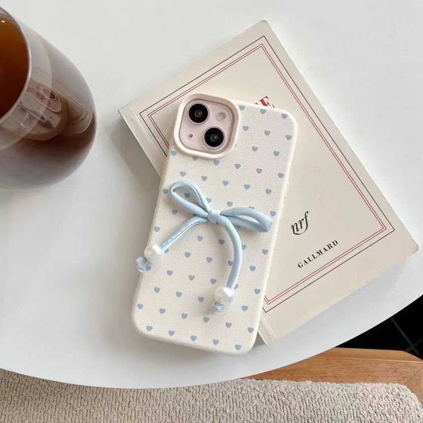 Phone / Bow Faux Case Decoration Leather Set Adhesive Heart