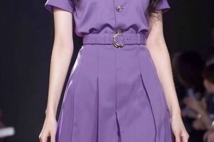 Short Sleeve Collared V-Neck Plain Mini Pleated Dress