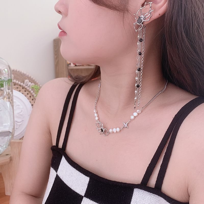 Rhinestone Spider Faux Pearl Necklace / Asymmetrical Earring / Ring