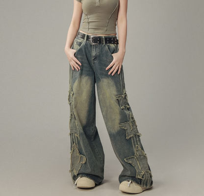 Low Rise Star Applique Washed Loose-Fit Wide-Leg Jeans