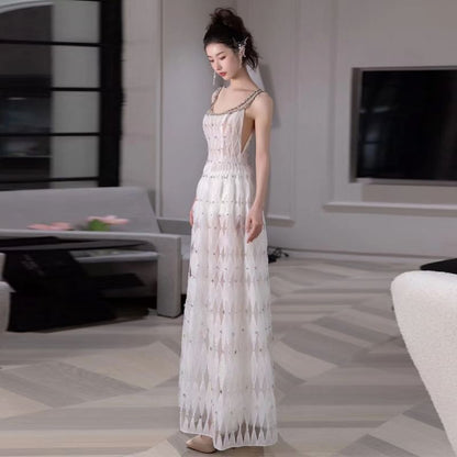 Spaghetti Strap Rhinestone Argyle Pattern A-Line Evening Gown