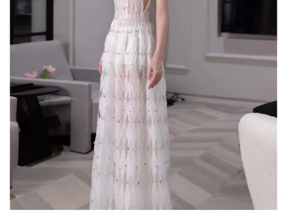 Spaghetti Strap Rhinestone Argyle Pattern A-Line Evening Gown