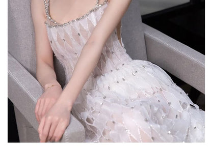 Spaghetti Strap Rhinestone Argyle Pattern A-Line Evening Gown