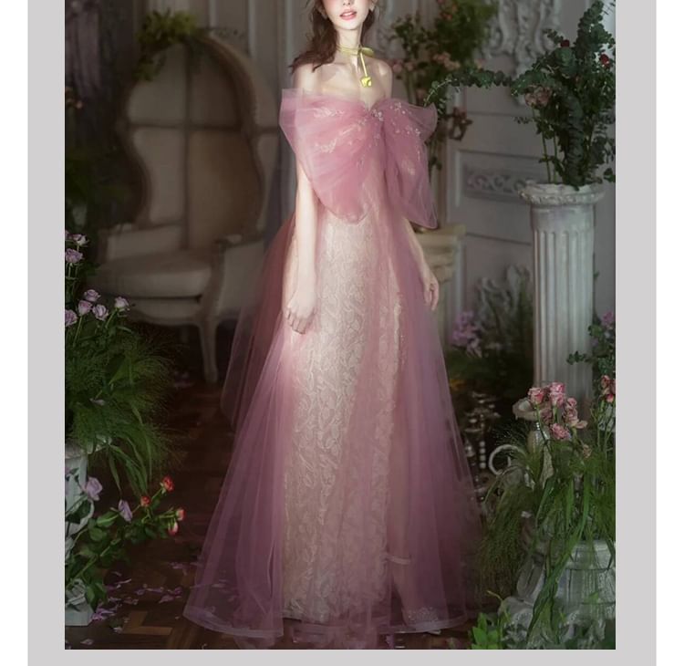 Bow Off-Shoulder A-Line Evening Gown