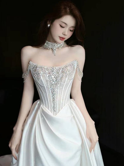A-Line Off-Shoulder Evening Gown Rhinestone