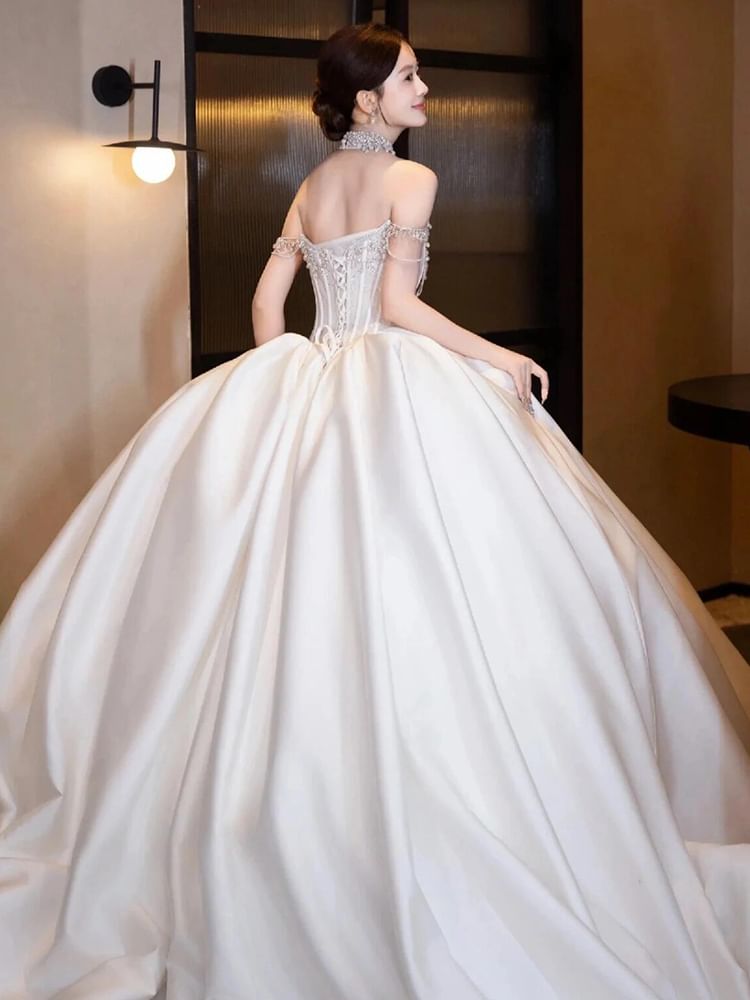 A-Line Off-Shoulder Evening Gown Rhinestone