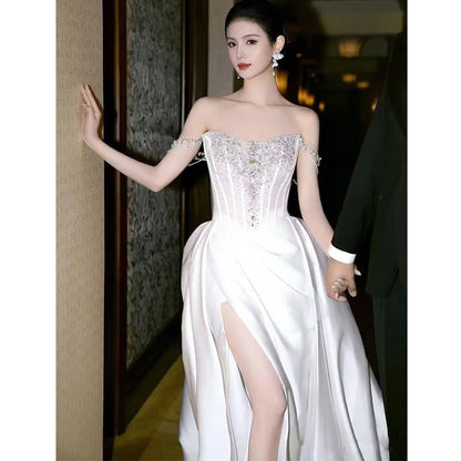 A-Line Off-Shoulder Evening Gown Rhinestone