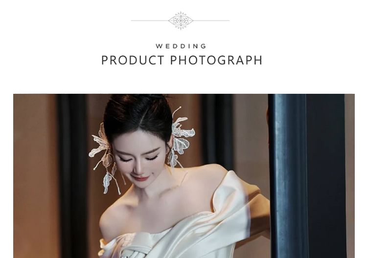 Off-Shoulder Floral Shirred A-Line Satin Wedding Gown