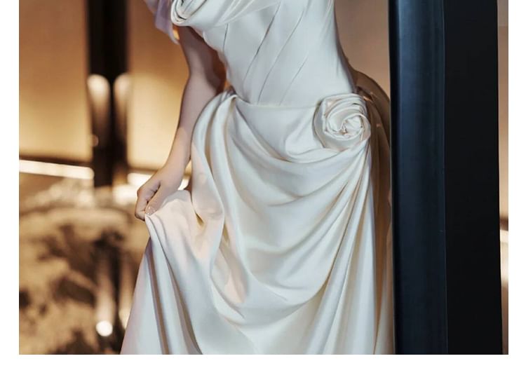 Off-Shoulder Floral Shirred A-Line Satin Wedding Gown