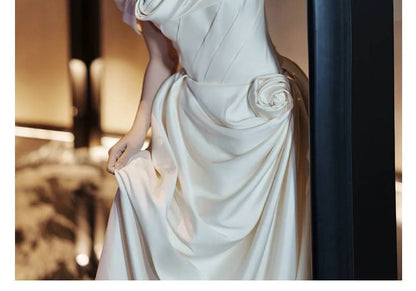 Off-Shoulder Floral Shirred A-Line Satin Wedding Gown