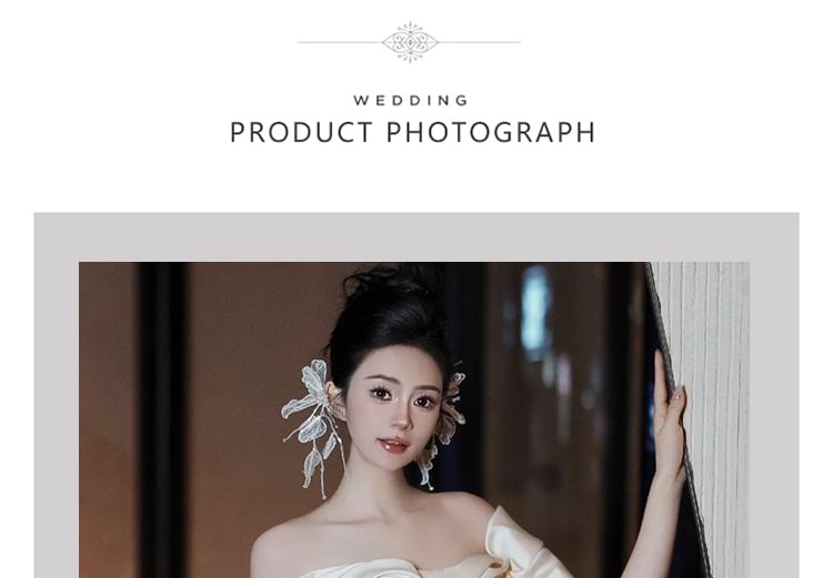 Off-Shoulder Floral Shirred A-Line Satin Wedding Gown
