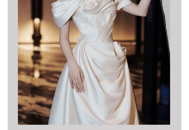 Off-Shoulder Floral Shirred A-Line Satin Wedding Gown