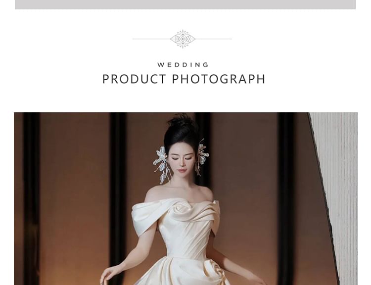 Off-Shoulder Floral Shirred A-Line Satin Wedding Gown