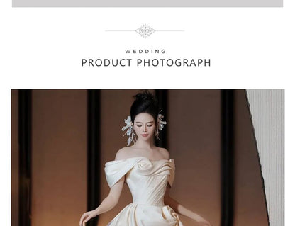 Off-Shoulder Floral Shirred A-Line Satin Wedding Gown