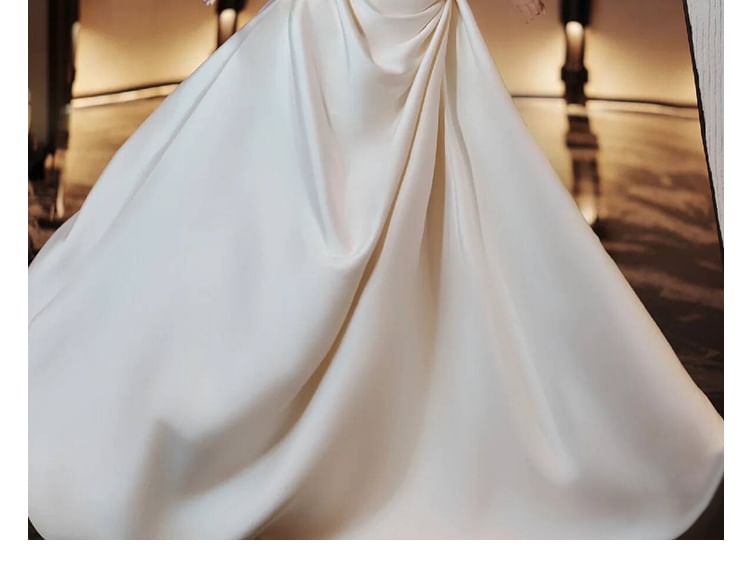 Off-Shoulder Floral Shirred A-Line Satin Wedding Gown