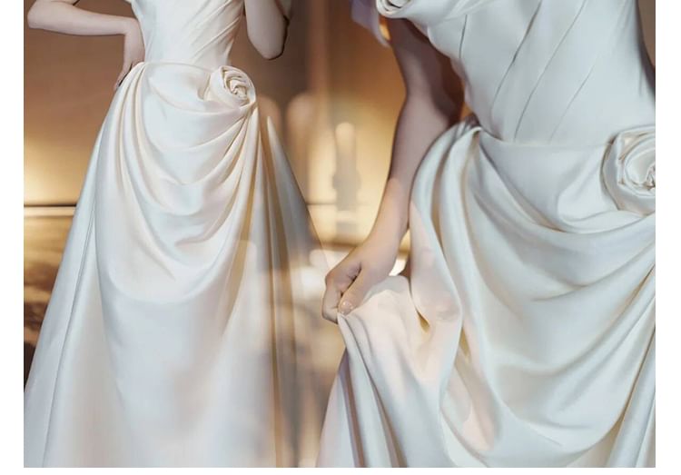 Off-Shoulder Floral Shirred A-Line Satin Wedding Gown