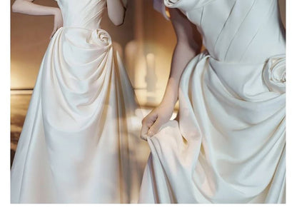 Off-Shoulder Floral Shirred A-Line Satin Wedding Gown