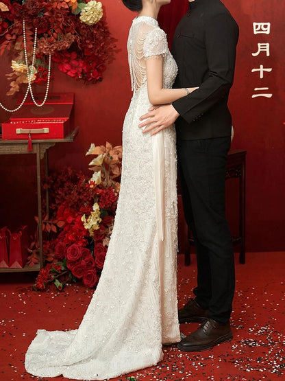 Short-Sleeve Evening Bow A-Line Bead Gown Fringe