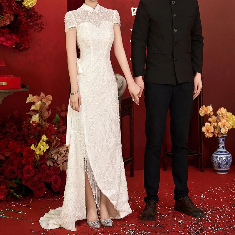 Short-Sleeve Evening Bow A-Line Bead Gown Fringe