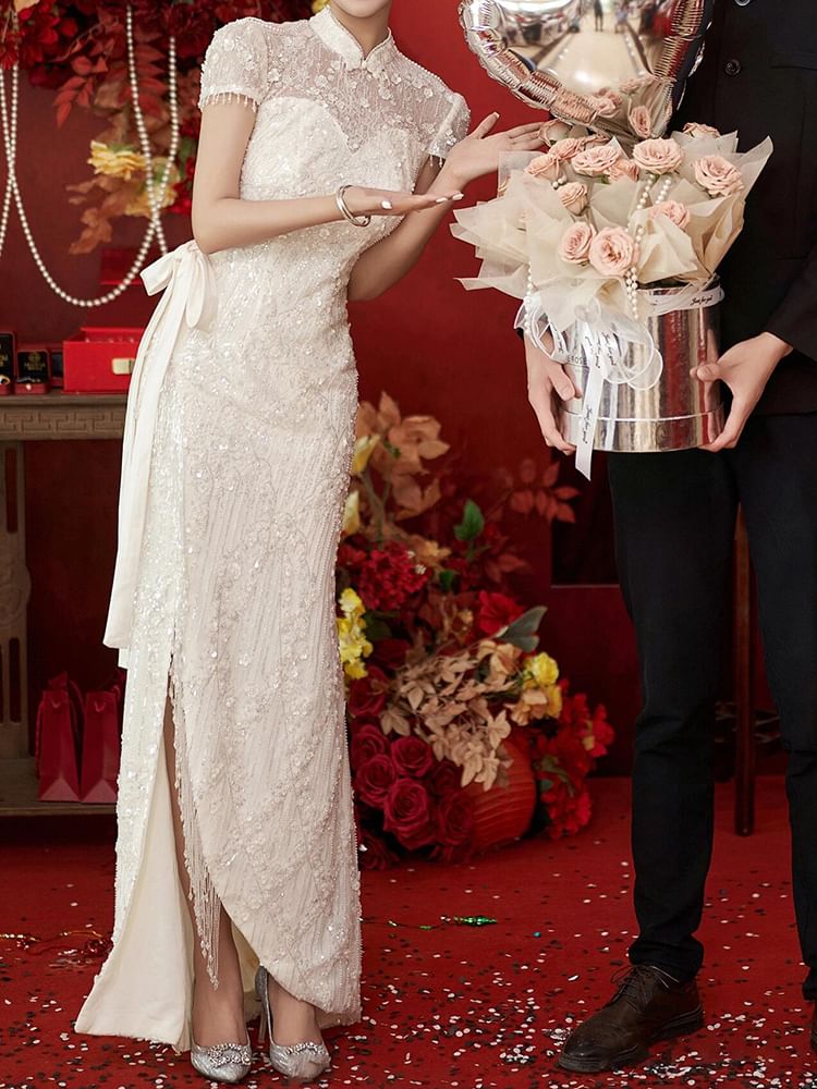 Short-Sleeve Evening Bow A-Line Bead Gown Fringe