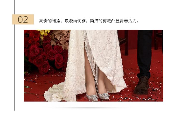 Short-Sleeve Evening Bow A-Line Bead Gown Fringe