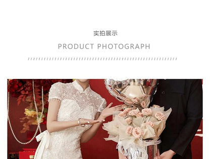 Short-Sleeve Evening Bow A-Line Bead Gown Fringe