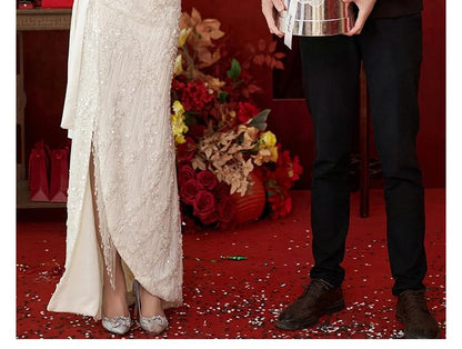 Short-Sleeve Bead Fringe Bow A-Line Evening Gown
