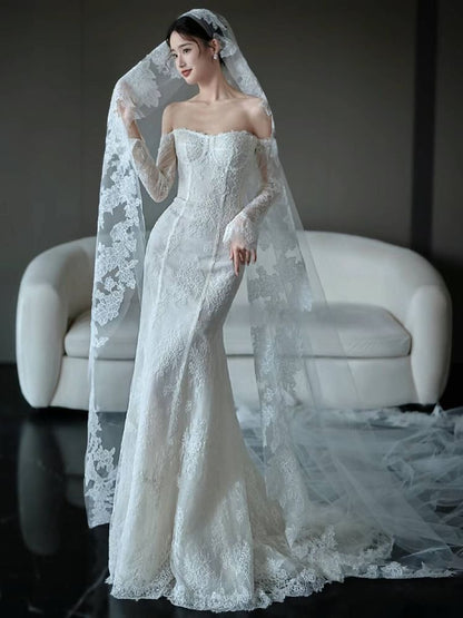 Off-Shoulder Long Sleeve Mermaid Lace Wedding Gown