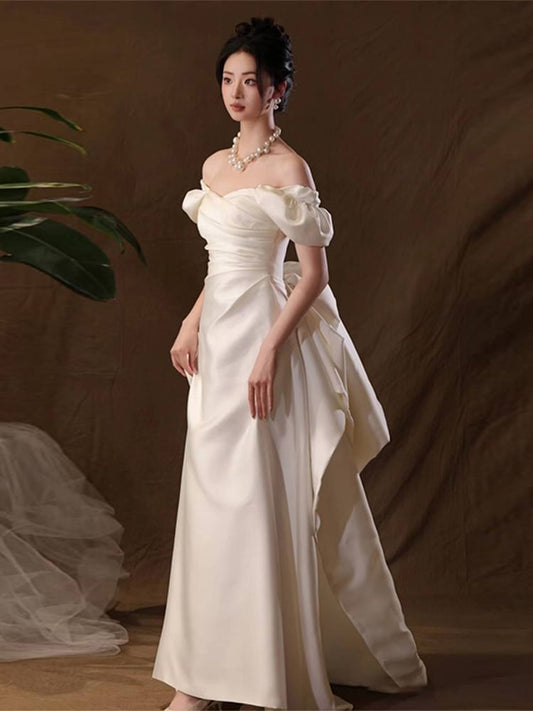 Off-Shoulder Puff-Sleeve Bow Back A-Line Wedding Gown
