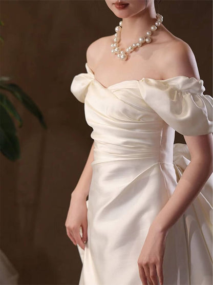 Back Puff-Sleeve Bow A-Line Wedding Gown Off-Shoulder