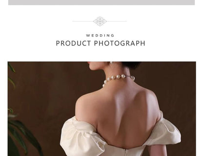 Back Puff-Sleeve Bow A-Line Wedding Gown Off-Shoulder