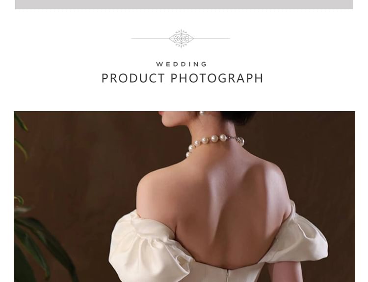 Off-Shoulder Puff-Sleeve Bow Back A-Line Wedding Gown