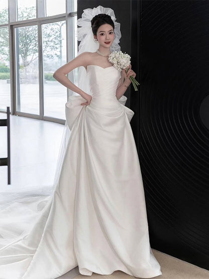 Satin Wedding Strapless Bow Gown A-Line Back