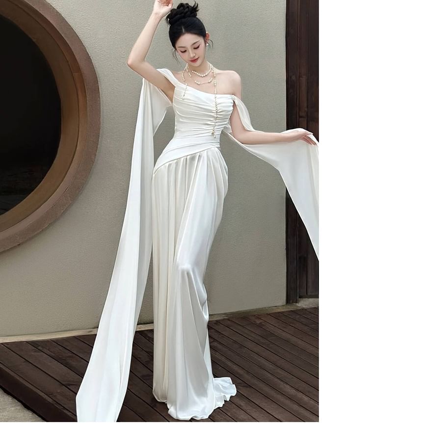 Off-Shoulder Shirred A-Line Satin Wedding Gown