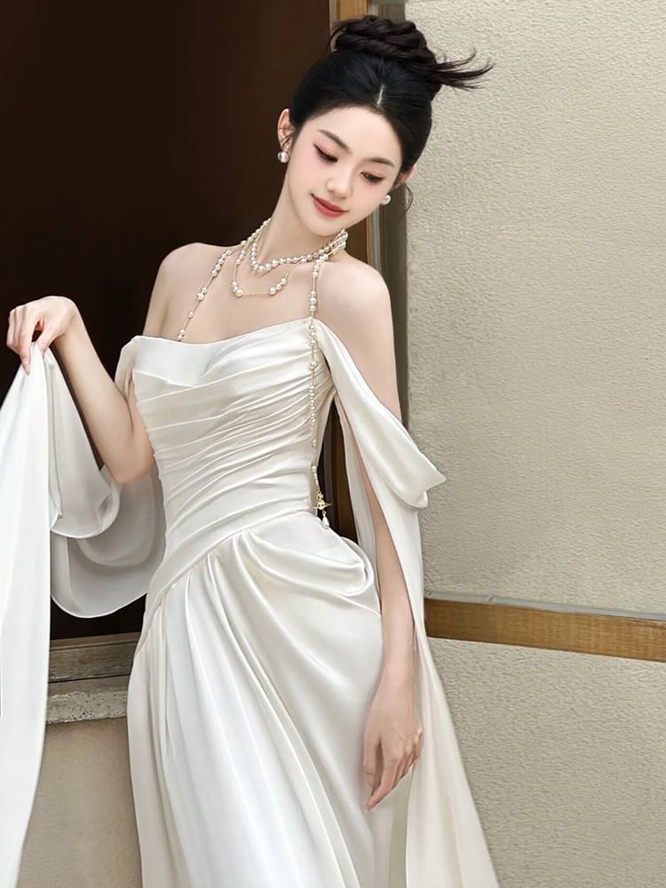 Off-Shoulder Shirred A-Line Satin Wedding Gown