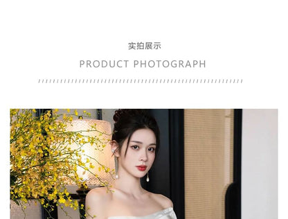 Off-Shoulder Shirred A-Line Satin Wedding Gown