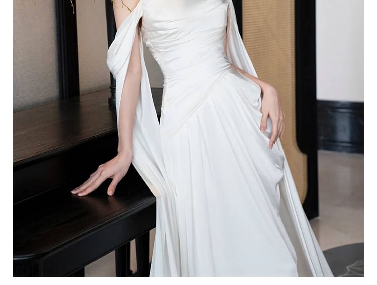 Off-Shoulder Shirred A-Line Satin Wedding Gown