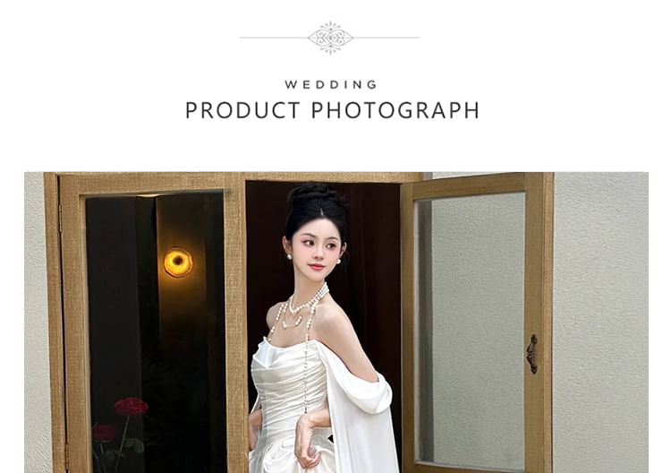 Off-Shoulder Shirred A-Line Satin Wedding Gown