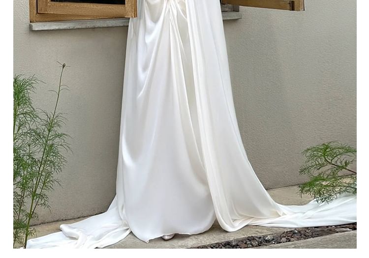 Off-Shoulder Shirred A-Line Satin Wedding Gown