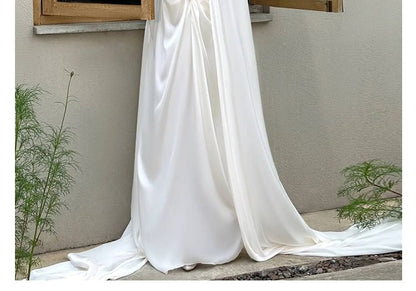 Off-Shoulder Shirred A-Line Satin Wedding Gown