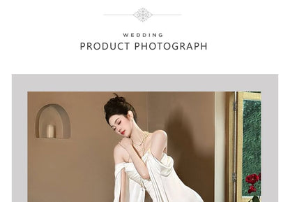 Off-Shoulder Shirred A-Line Satin Wedding Gown
