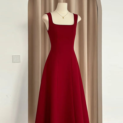 Sleeveless Square Neck Plain A-Line Evening Dress