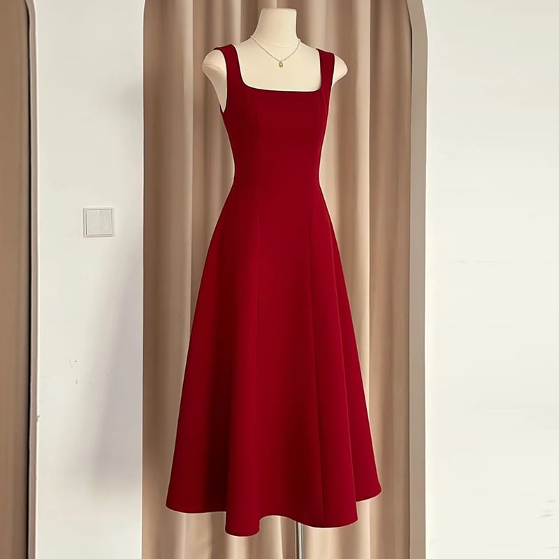 Sleeveless Square Neck Plain A-Line Evening Dress