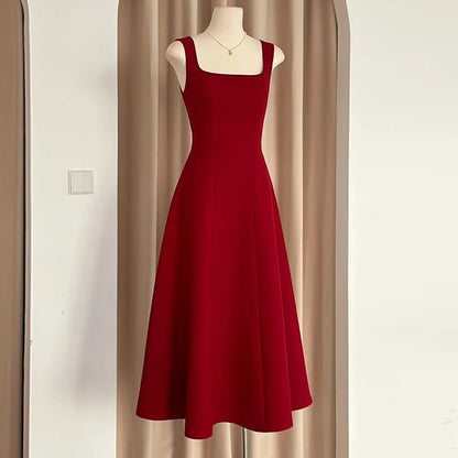 Sleeveless Square Neck Plain A-Line Evening Dress